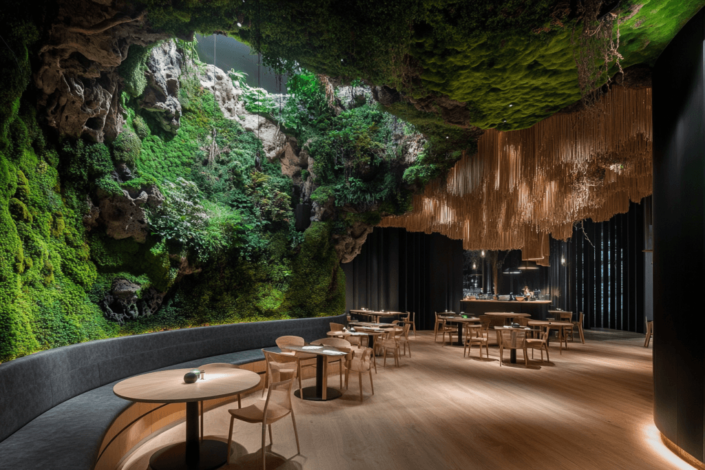 Immersive preserved moss landscape installation in a dramatic dining space with organic cave-like ceiling design.