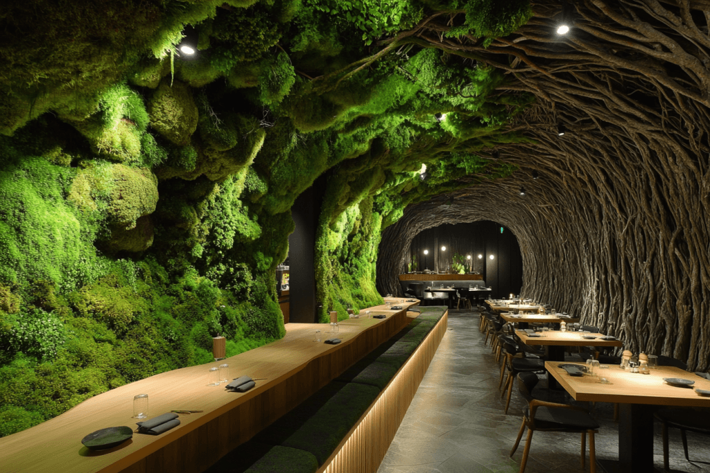 Immersive preserved moss landscape installation in a dramatic dining space with organic cave-like ceiling design.