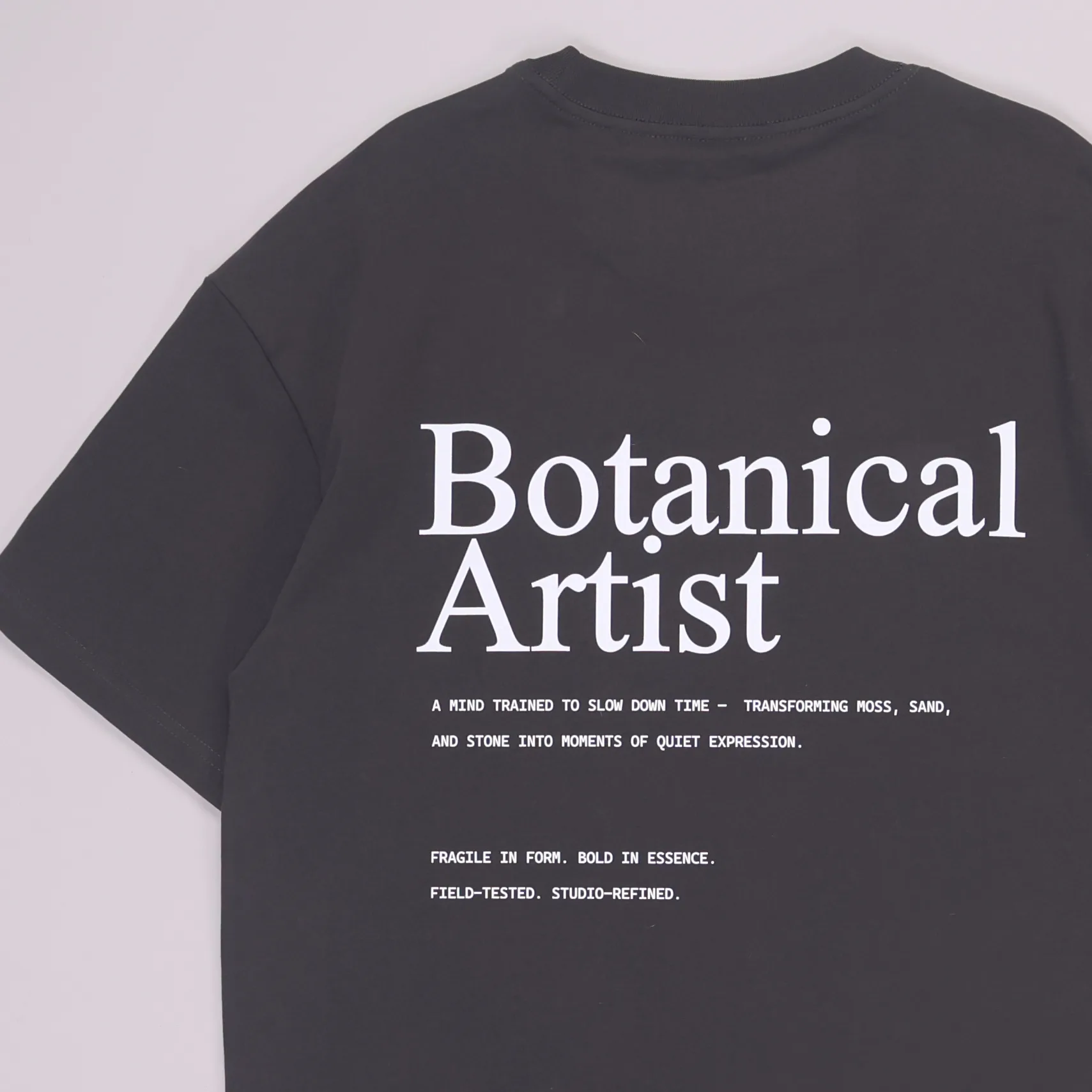 BOTANICAL ARTIST DK GREY BACK VIEW CLOSEUP mossarium unisex tshirt oversize