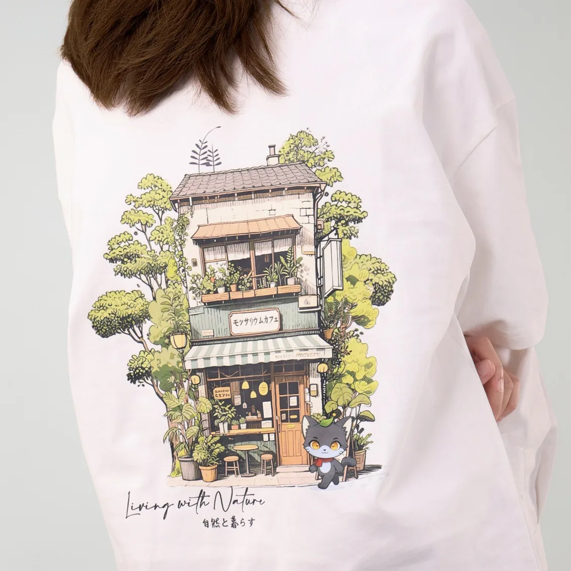 MOSSARIUM CAFE BACK VIEW SIDE CAT CLOSEUP mossarium unisex tshirt