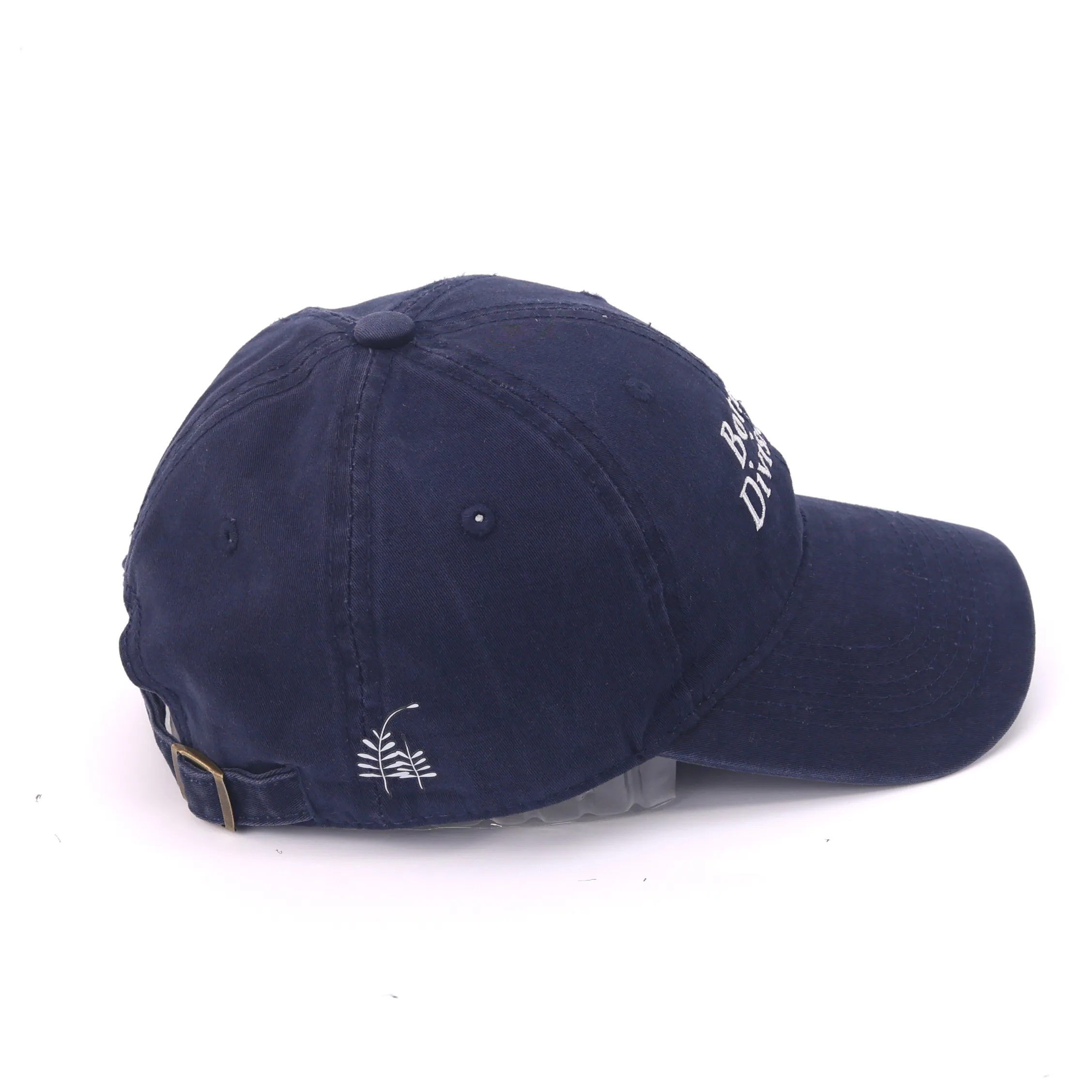 mossarium cap navy side 1 Mossarium unisex navy cap with Botanical Division logo embroidery