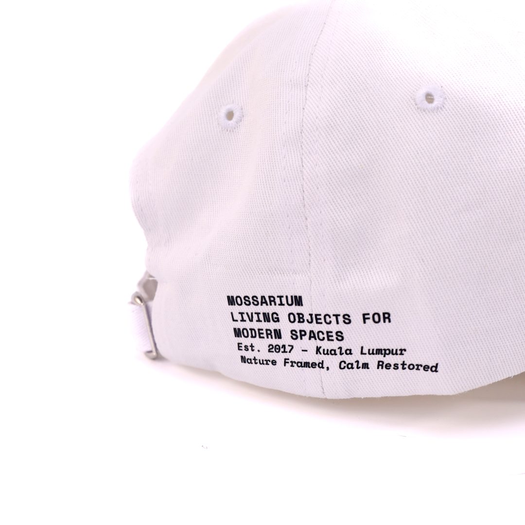 Mossarium unisex white cap with minimalist leaf embroidery