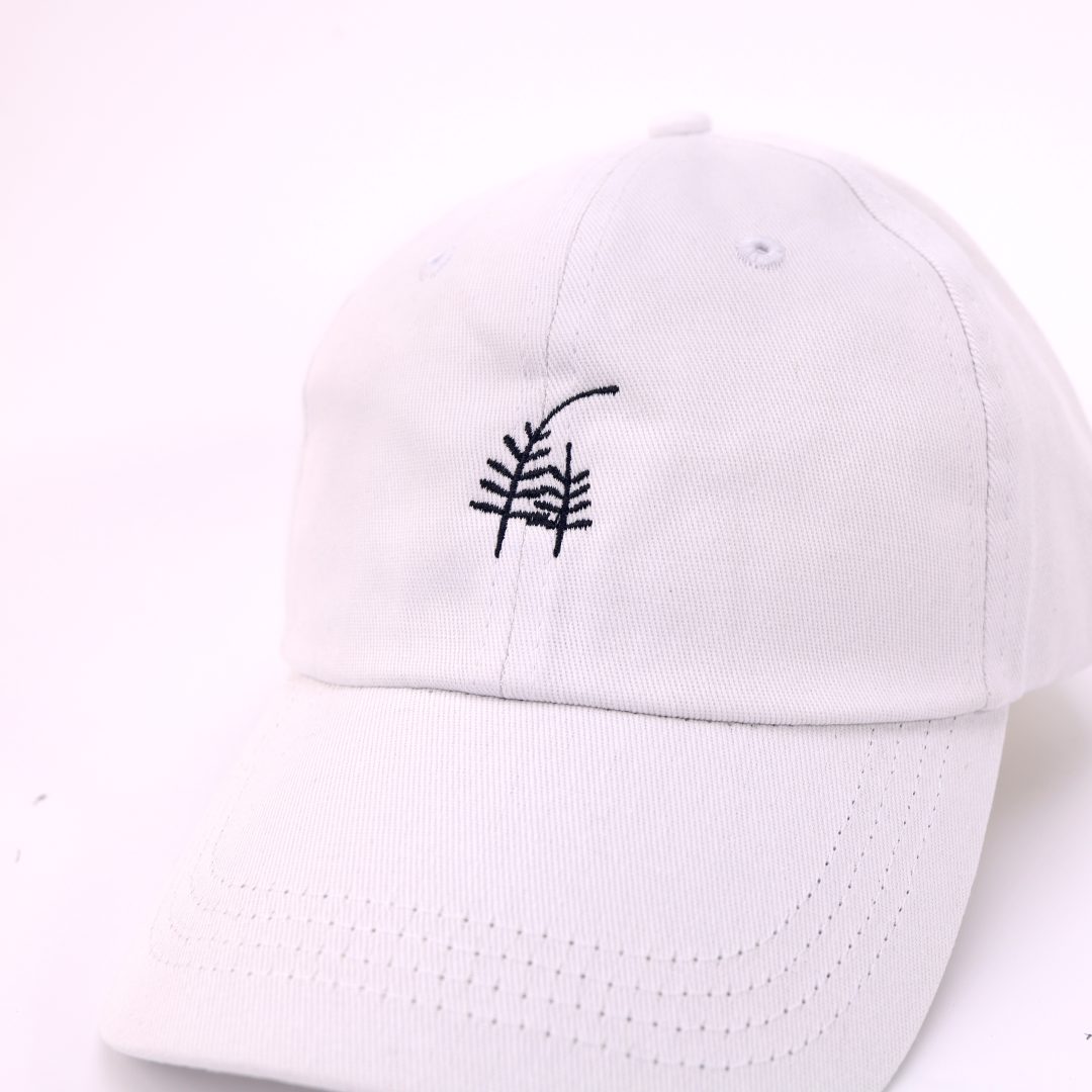 Mossarium unisex white cap with minimalist leaf embroidery